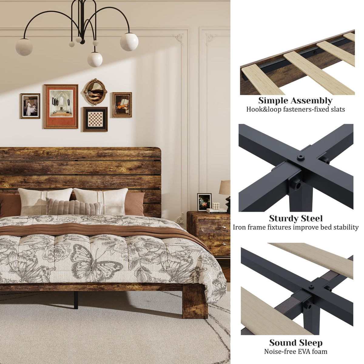 Wooden Bed Frame with Headboard, Rustic Farmhouse Platform Bedframe with Wood Slat Support, Sturdy and No