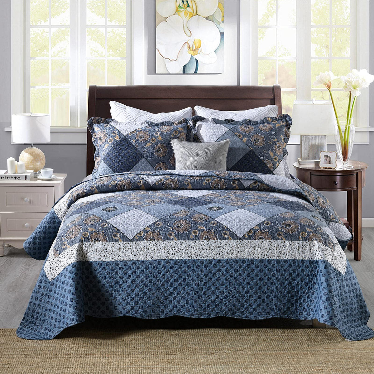 Navy Blue Plaid Floral Quilt Set 98"x106", 3 Pcs Boho Bedspread Coverlet Set for All Season, Patchwork