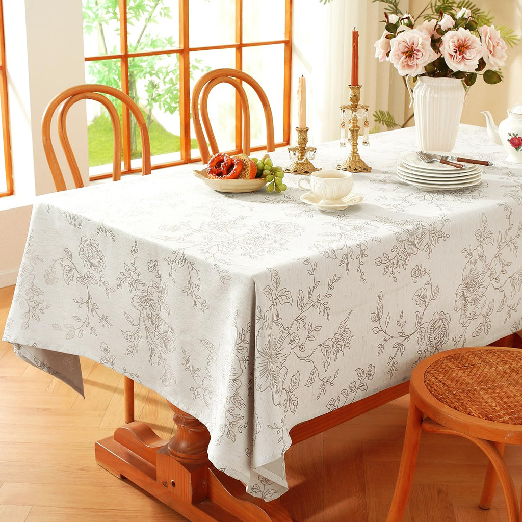 Premium Vintage Farmhouse Damask Floral 60 x 84 inch Rectangle Table Cloth - Water Resistant Linen Textured Jacquard