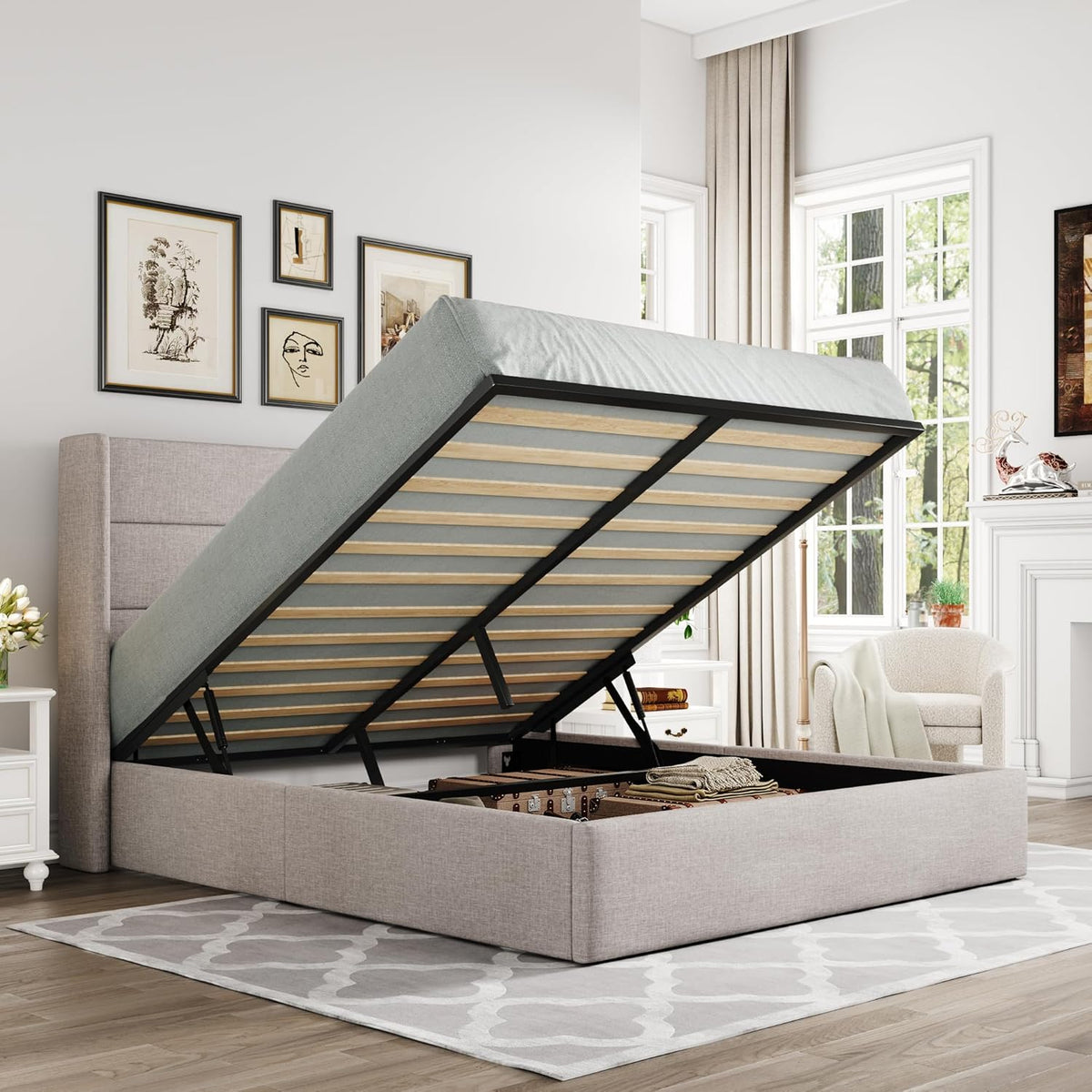 Full Lift Up Storage Bed, Modern Wingback Headboard, Hydraulic Support, No Box Spring Needed, Light Beige