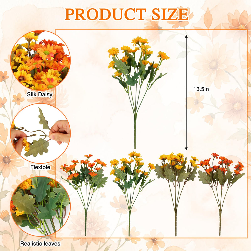12 Bundles Fall Artificial Flowers for Outdoor Indoor, Fake Silk Daisy with Leaves, Autumn Faux Flower for Garden