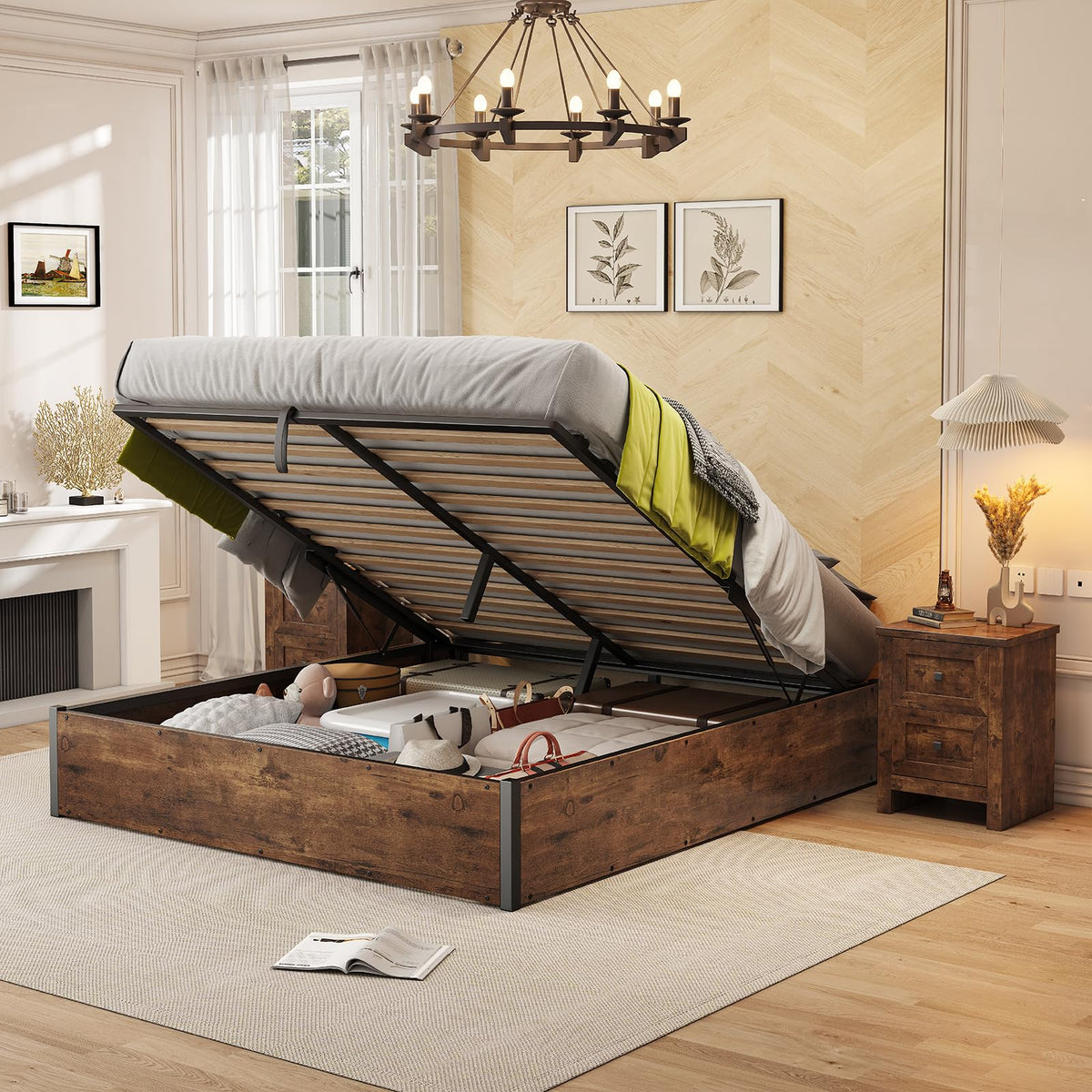 Lift Up Storage Bed Frame, Rustic Brown