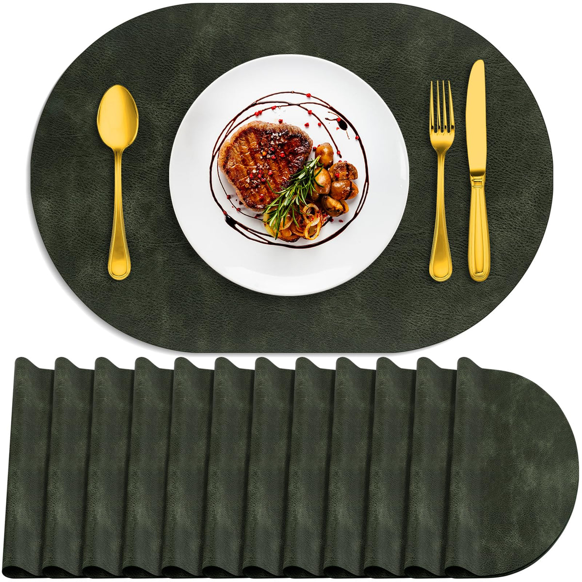 Oval Placemats Set of 12, Wipeable Faux Leather, Olive Green