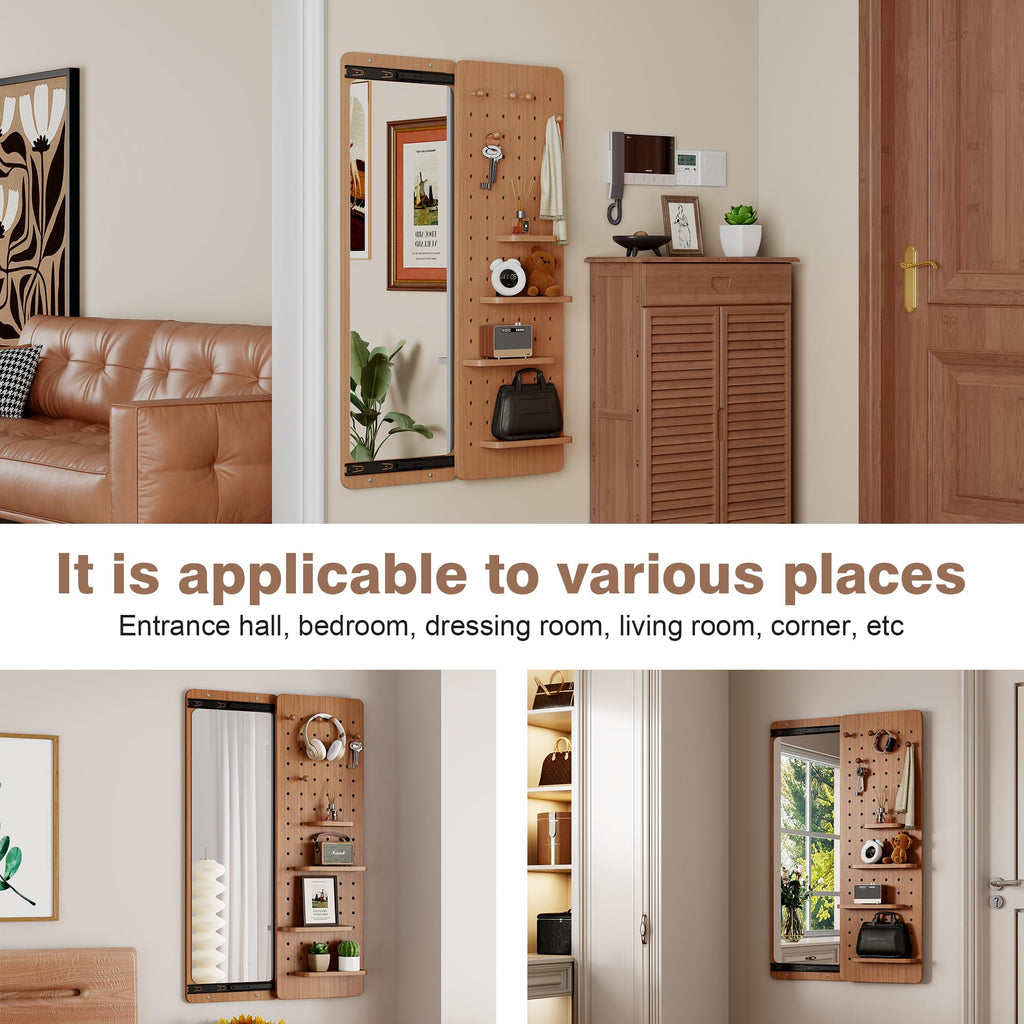 Wall Mounted Full Length Mirror with Storage Shelf and Hooks