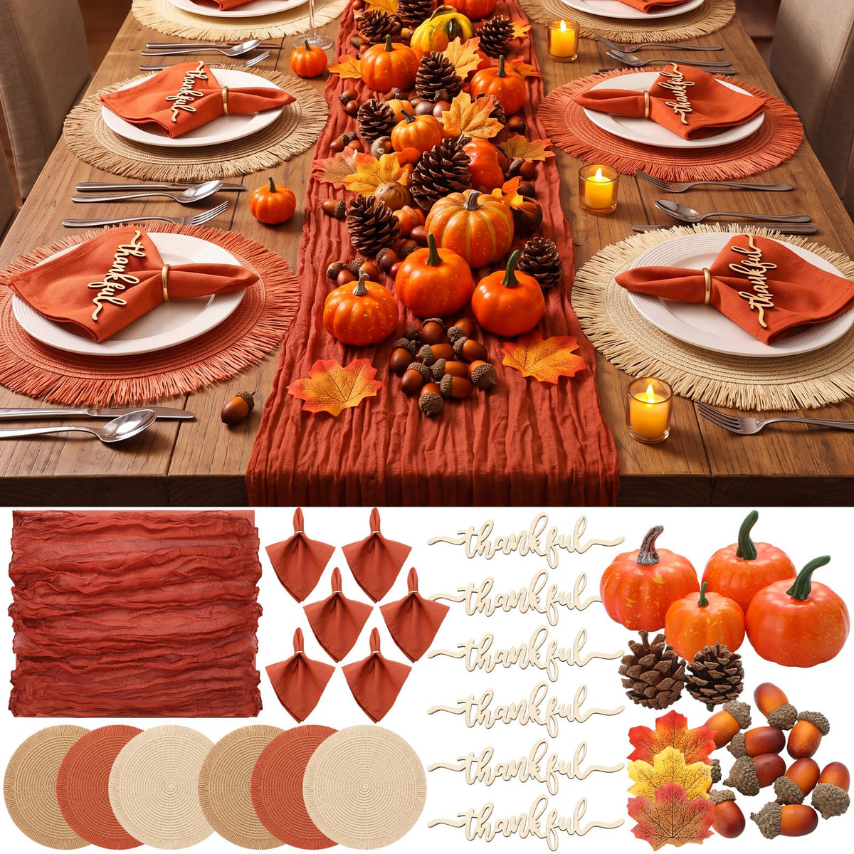 Fall Thanksgiving Table Placemats Decoration Set of 6 People