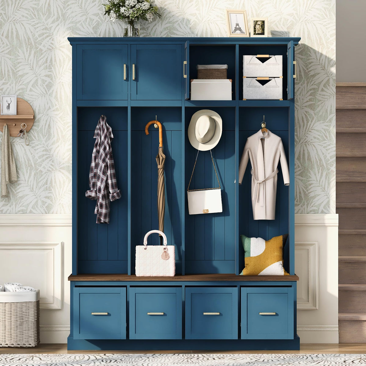 Farmhouse Hall Tree with Storage Cabinet & Shoe Bench, Navy Blue