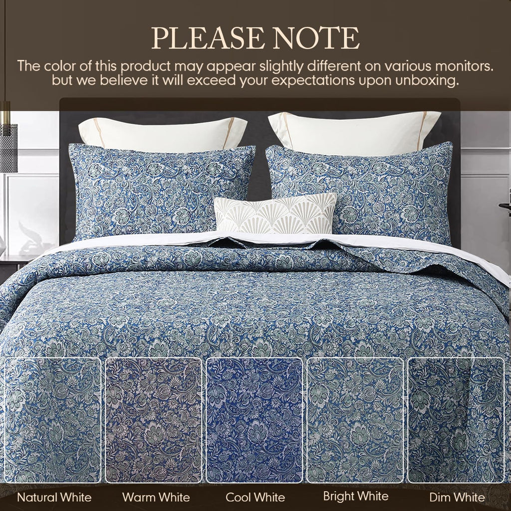 Quilt Set Queen Size 3Pcs, Soft Microfiber Lightweight Bedspread, Blue & Green Paisley Floral Geometric Pattern