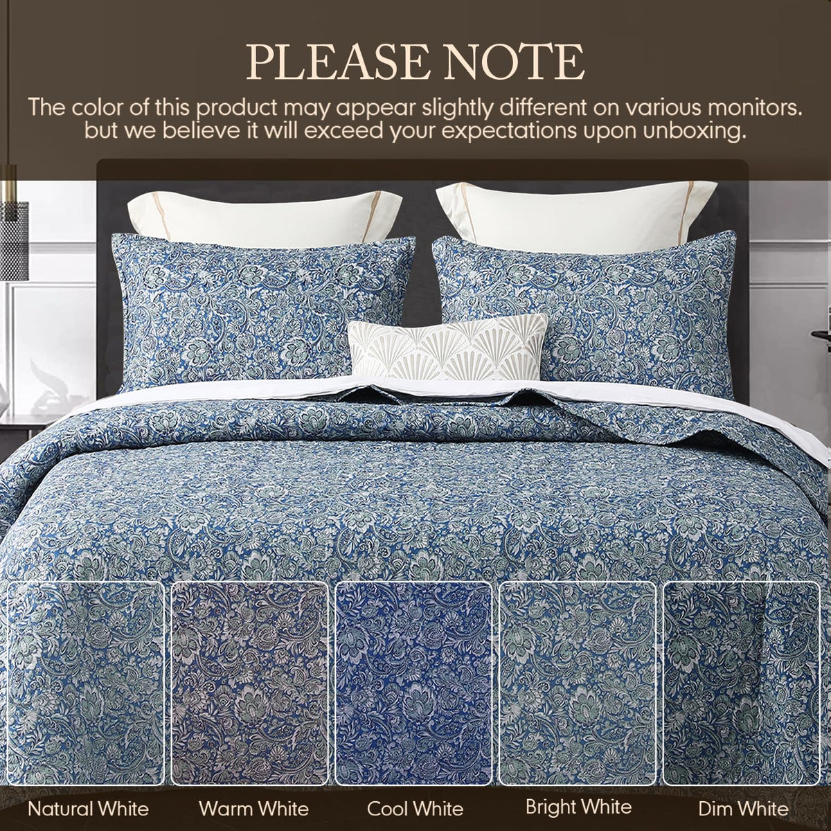Quilt Set Queen Size 3Pcs, Soft Microfiber Lightweight Bedspread, Blue & Green Paisley Floral Geometric Pattern