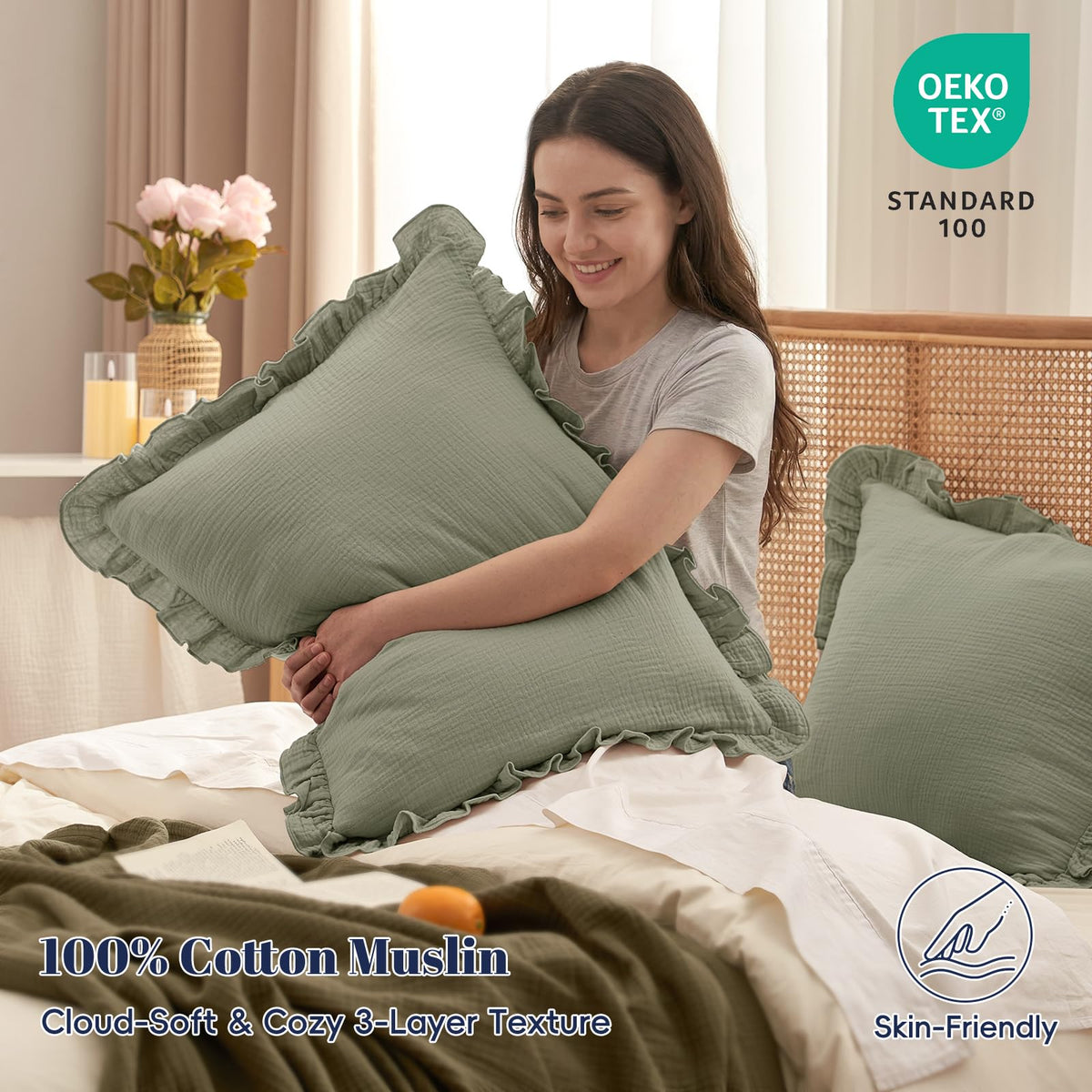 Cotton Muslin Ruffle Euro Sham Covers 26"x26", Dusty Sage, No Insert