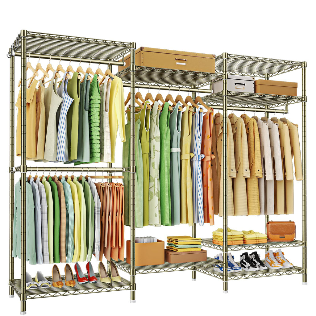 E13 Heavy Duty Clothes Rack(With 4 Hanger Rods & 8 Shelves) Freestanding Clothing Racks for Hanging
