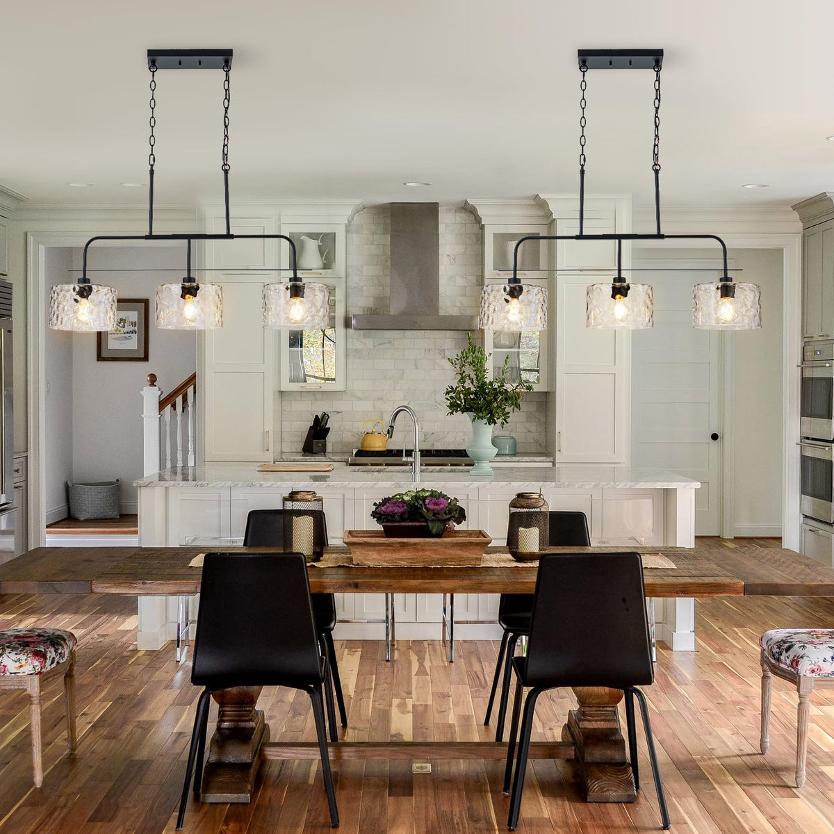 36" Linear Chandelier with Clear Rippled Glass Shades 3-Light Black Linear Pendant Light, Industrial Hanging