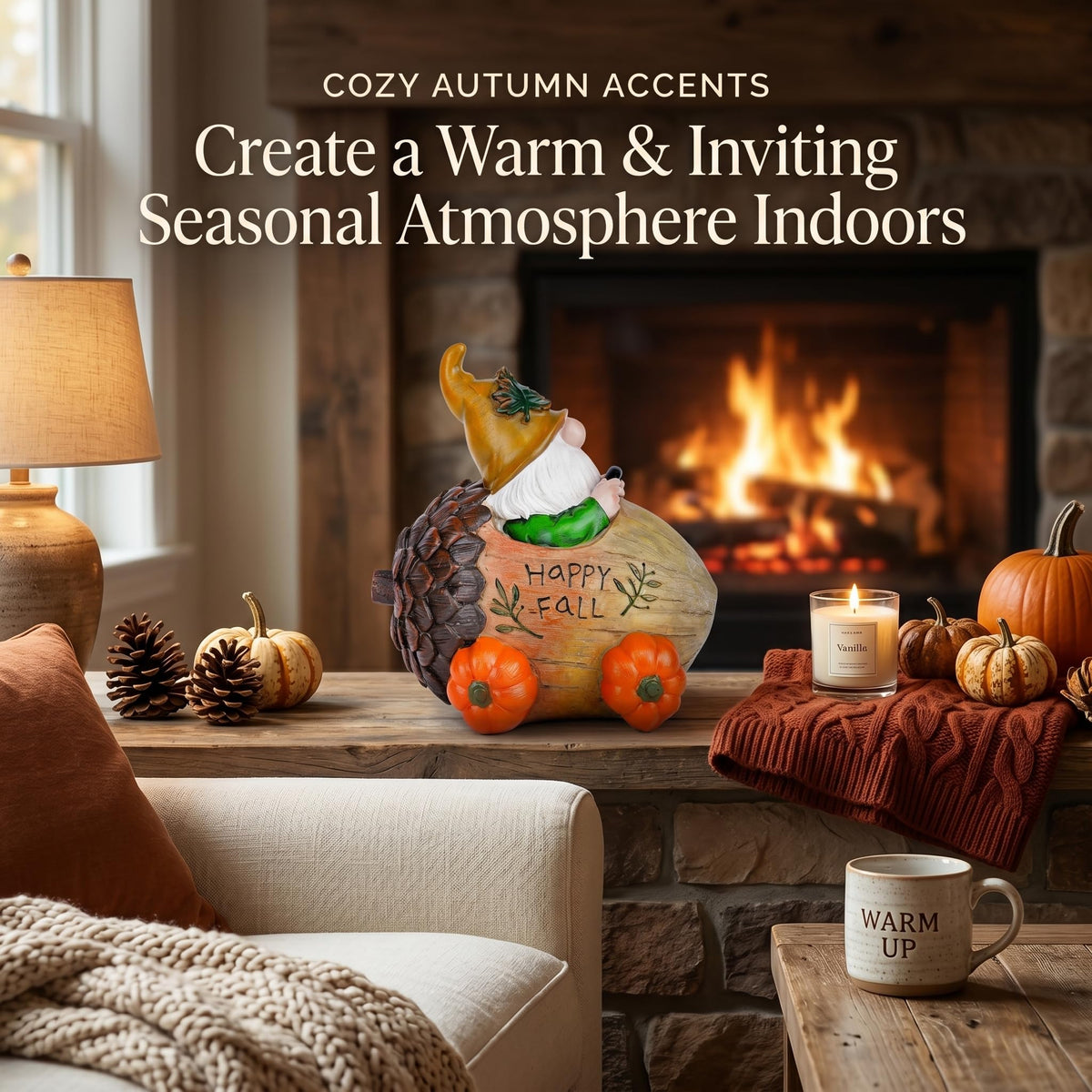 Fall Gnome Figurine with Acorn Car & Pumpkin Wheels, Happy Fall