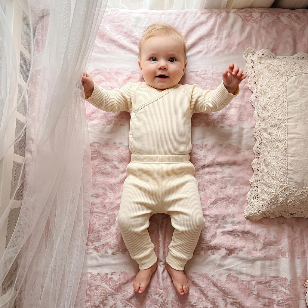 Newborn Baby Coming Home Outfit Ribbed Romper and Pants Set (Beige, Newborn)