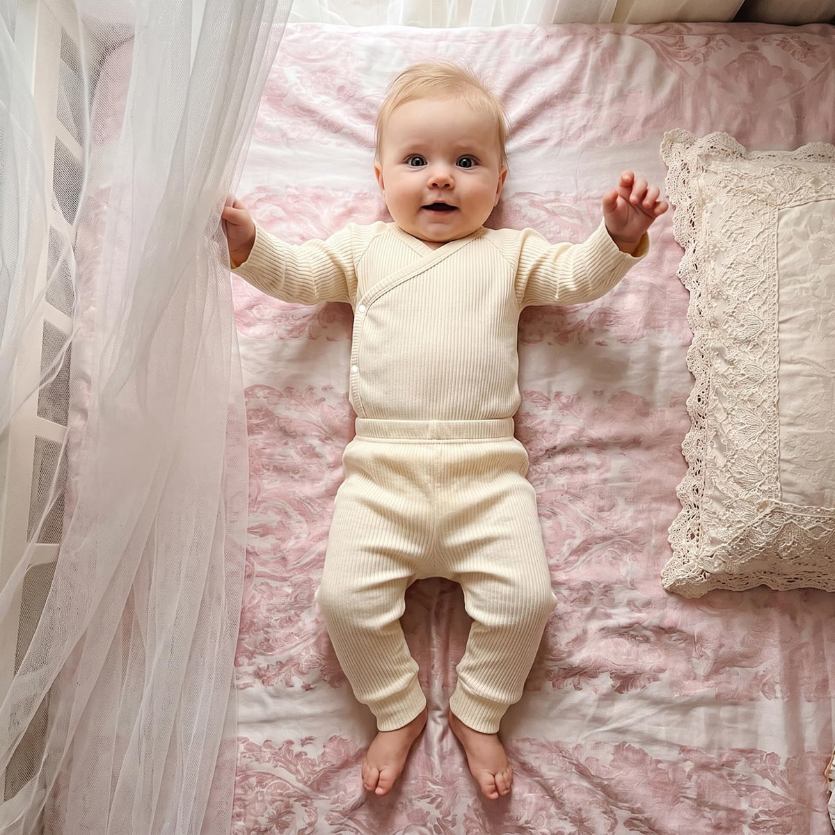 Newborn Baby Coming Home Outfit Ribbed Romper and Pants Set (Beige, Newborn)