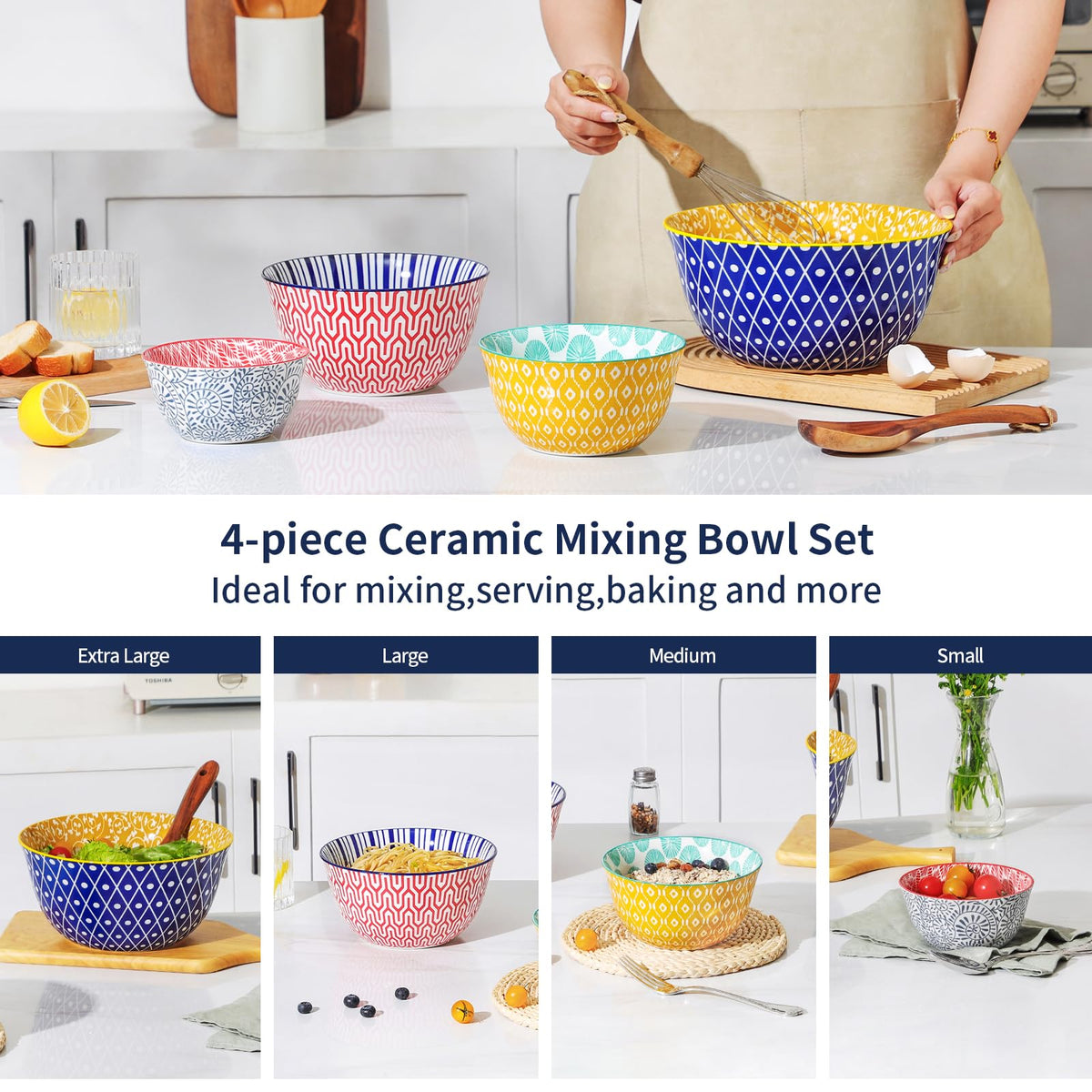 Ceramic Mixing Bowls Set of 4, 20/36/60/123 oz, Assorted Colors