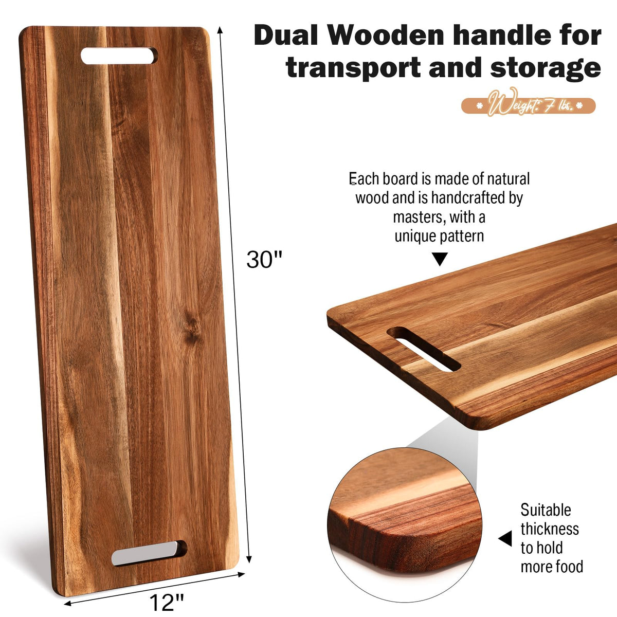 2 Pcs Large Acacia Wooden Charcuterie Boards with Handle 30 x 12 Inch