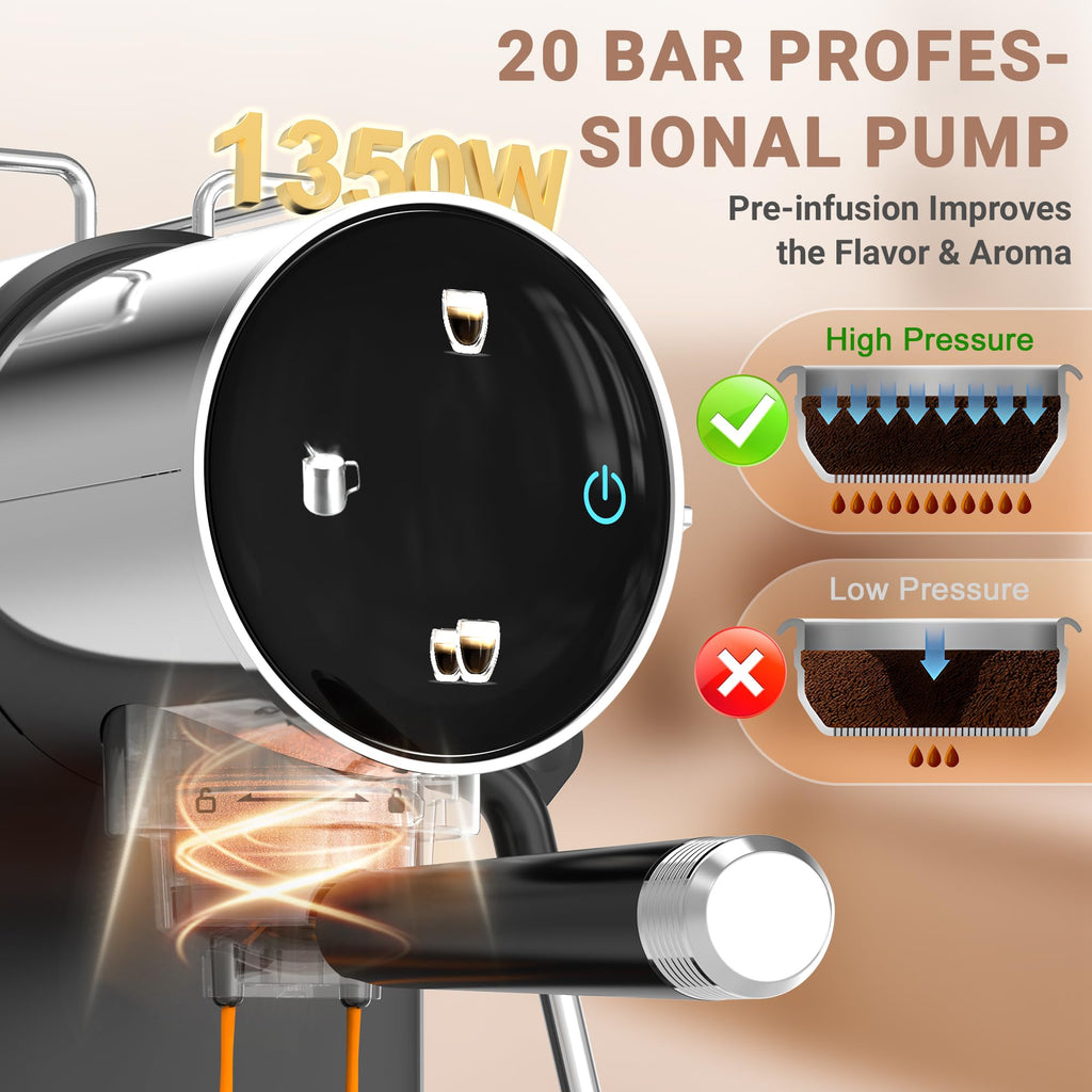 20 Bar Espresso Machine, Semi-Automatic Espresso Machine with Milk Frother, Compact Espresso Maker with Removable