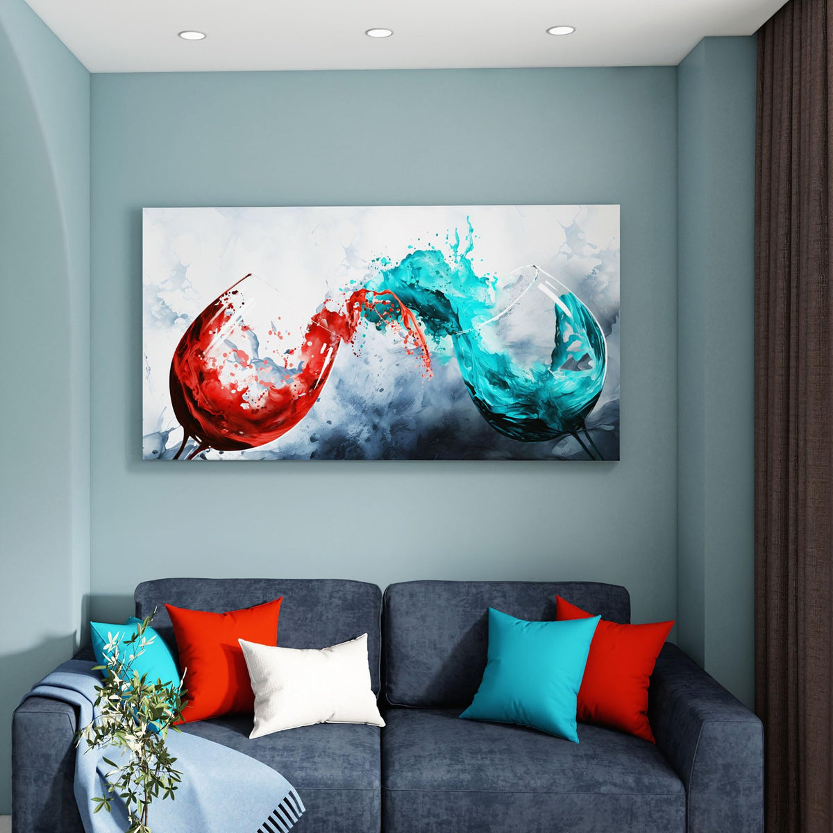 Dining Room Wall Art Wine Glass Canvas Wall Pictures Kitchen Art Wall Decor Blue & Red Wine Cups Painting Modern Wall