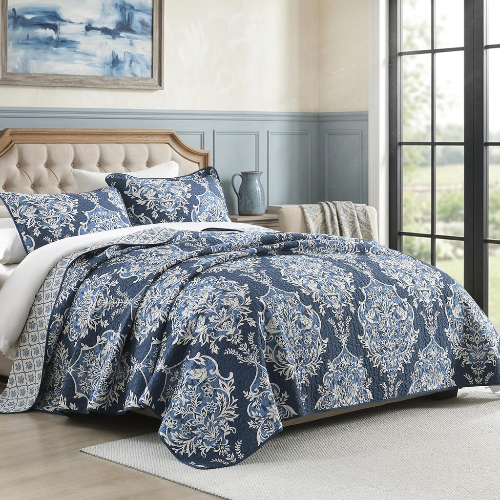 Quilts, Vintage Damask Floral Quilt Set, Navy/Beige