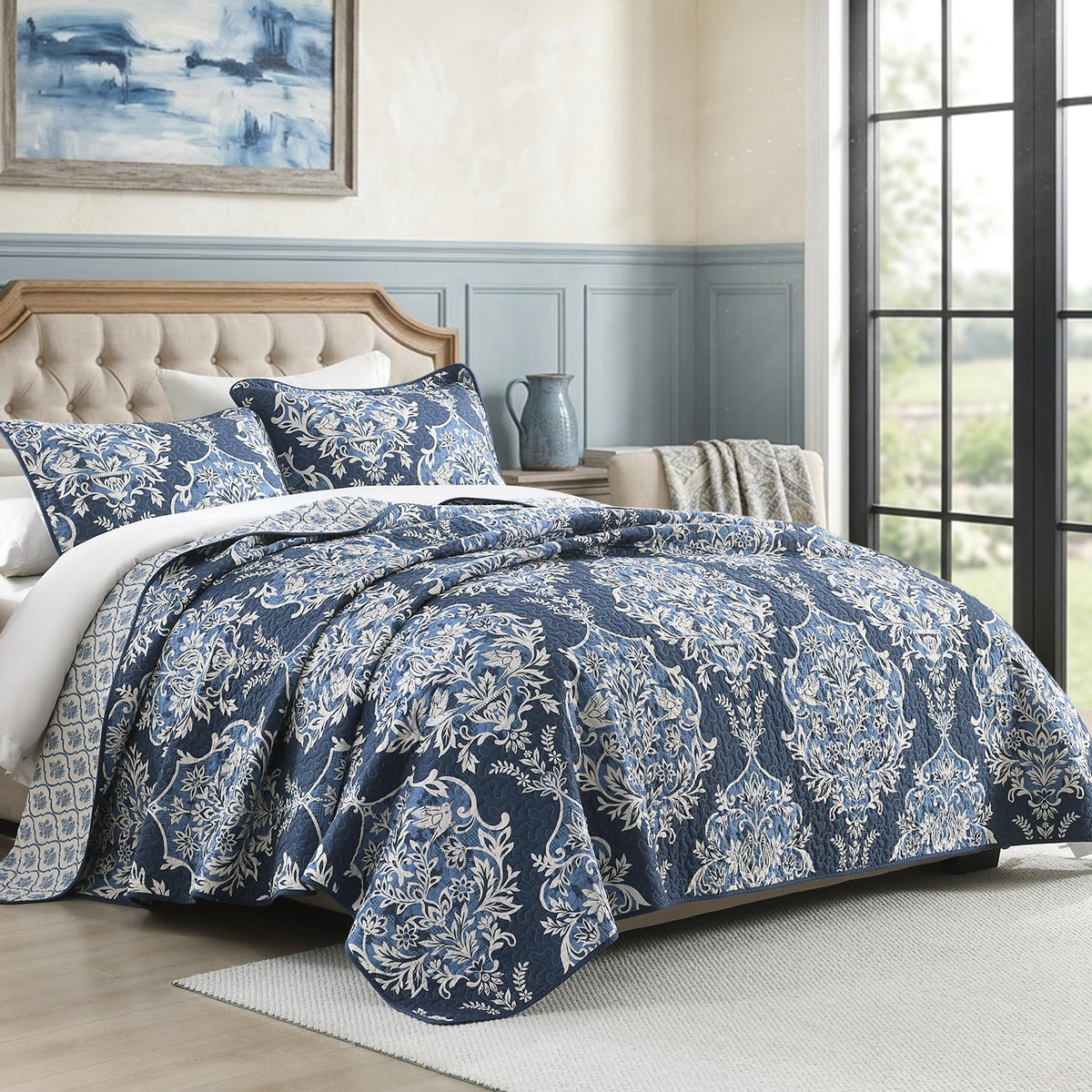 Quilts, Vintage Damask Floral Quilt Set, Navy/Beige