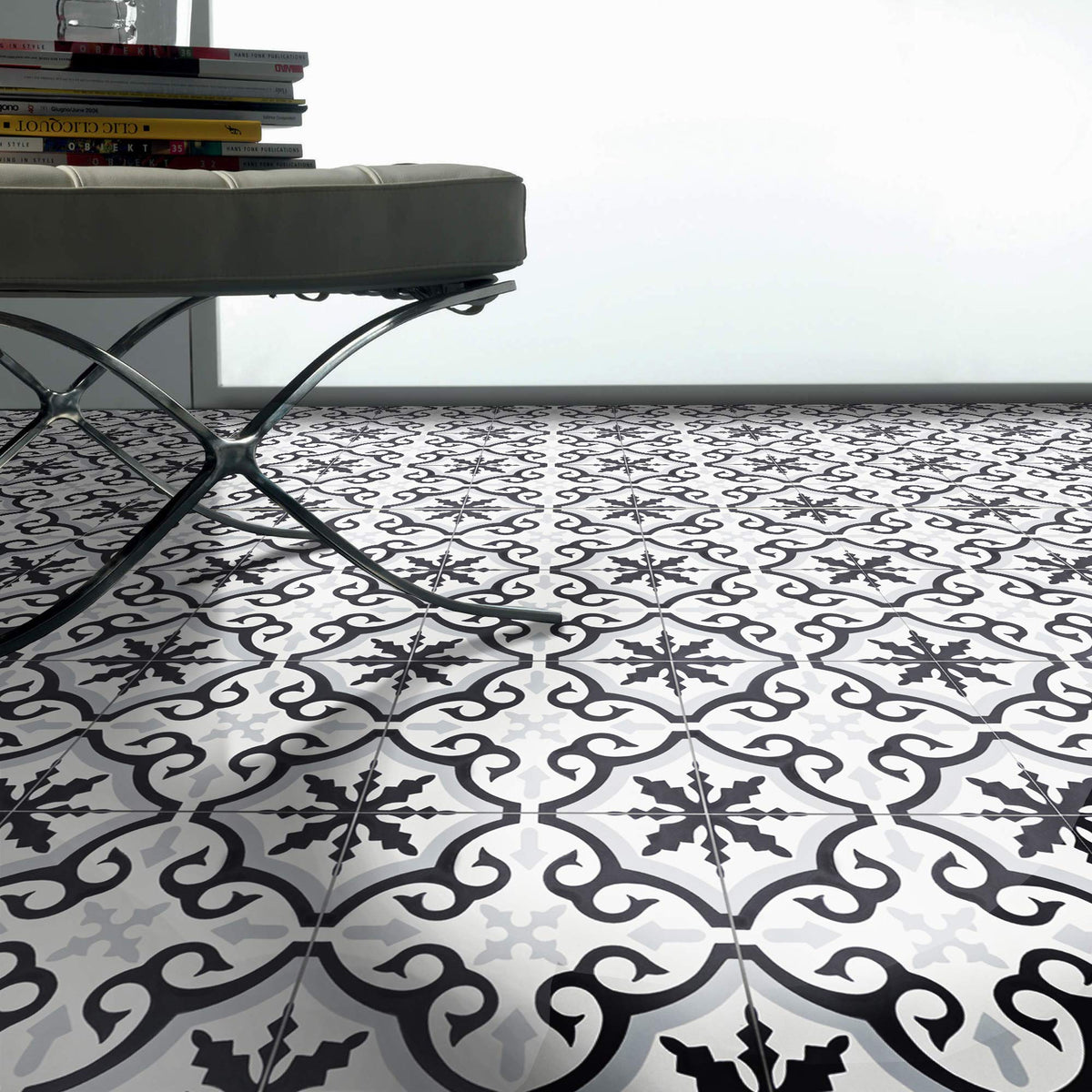 Argana Handmade Cement Tile in Black, Grey, White, 8"x8