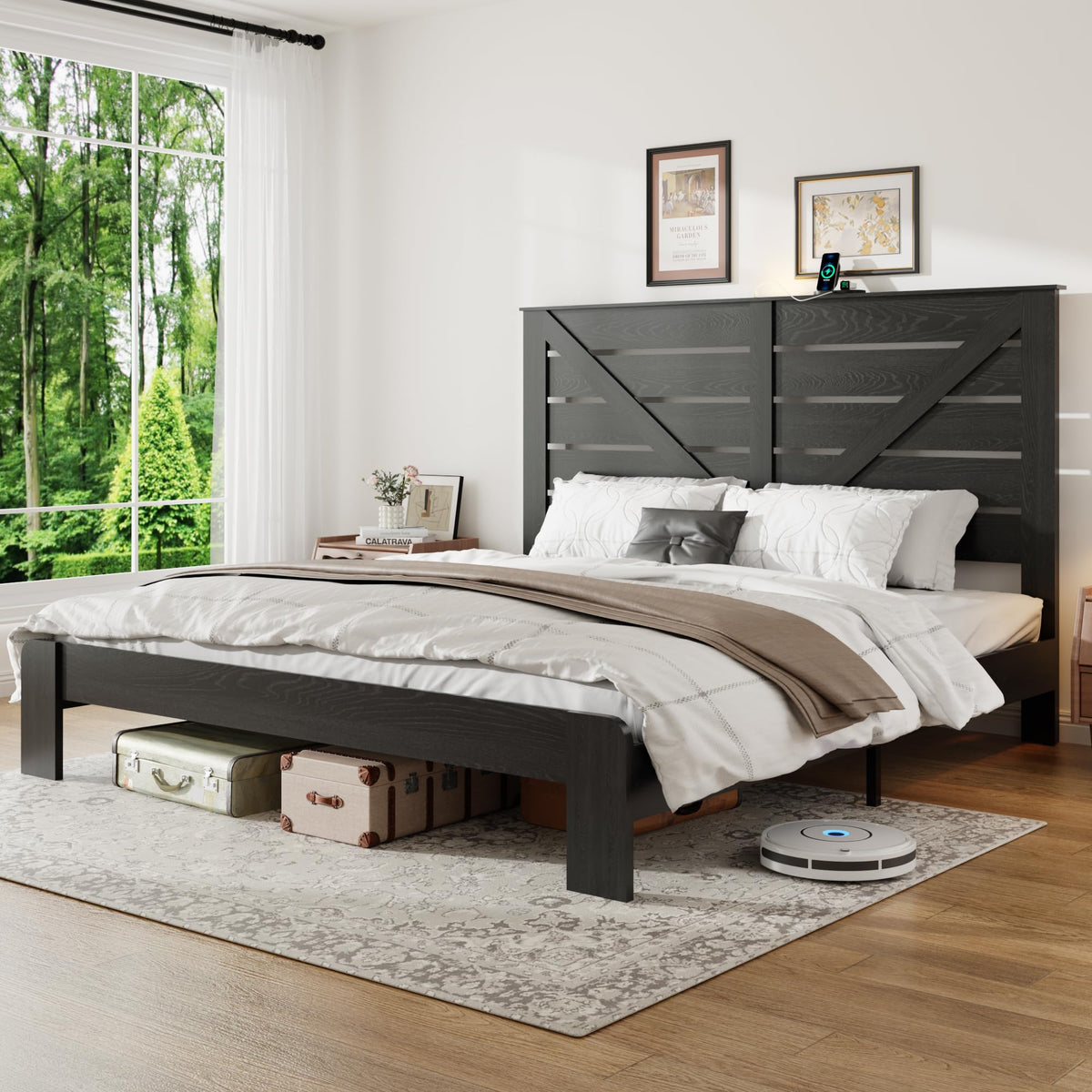 Farmhouse Wood Bed Frame 51" Tall Headboard Black