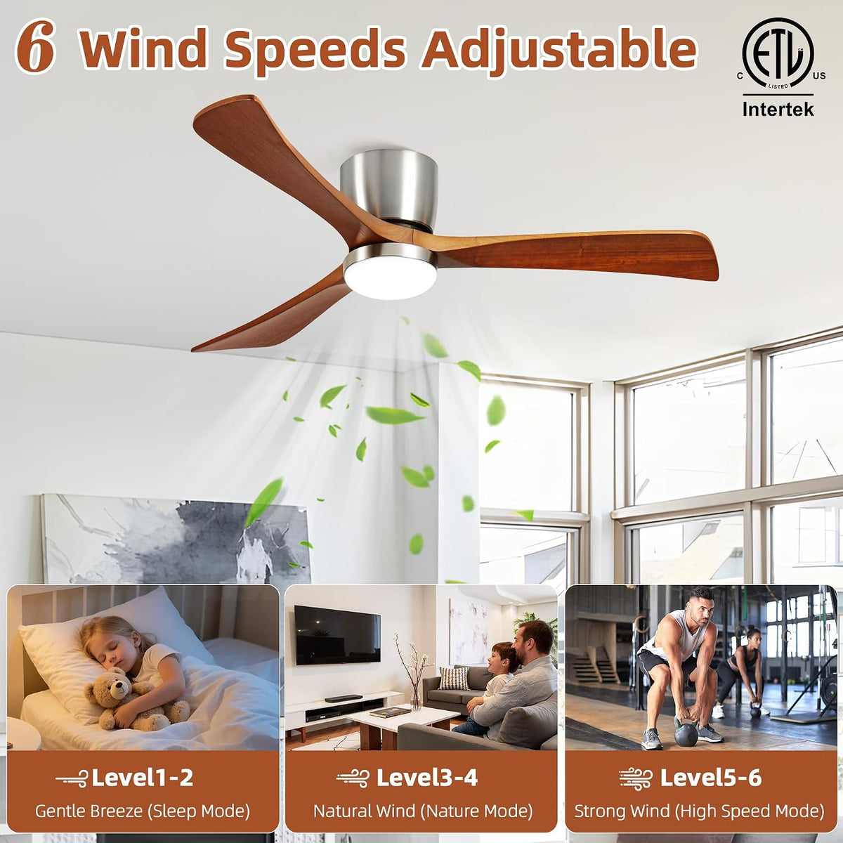 52" Modern Flush Mount Ceiling Fan with Light, 3 Wood Blades, Brushed Nickel, Dimmable LED, Remote