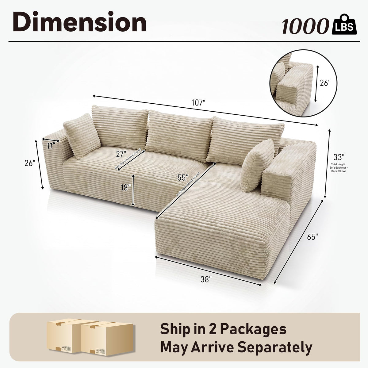 107" L-Shaped Boneless Sectional Sofa with Right-Facing Chaise, Beige