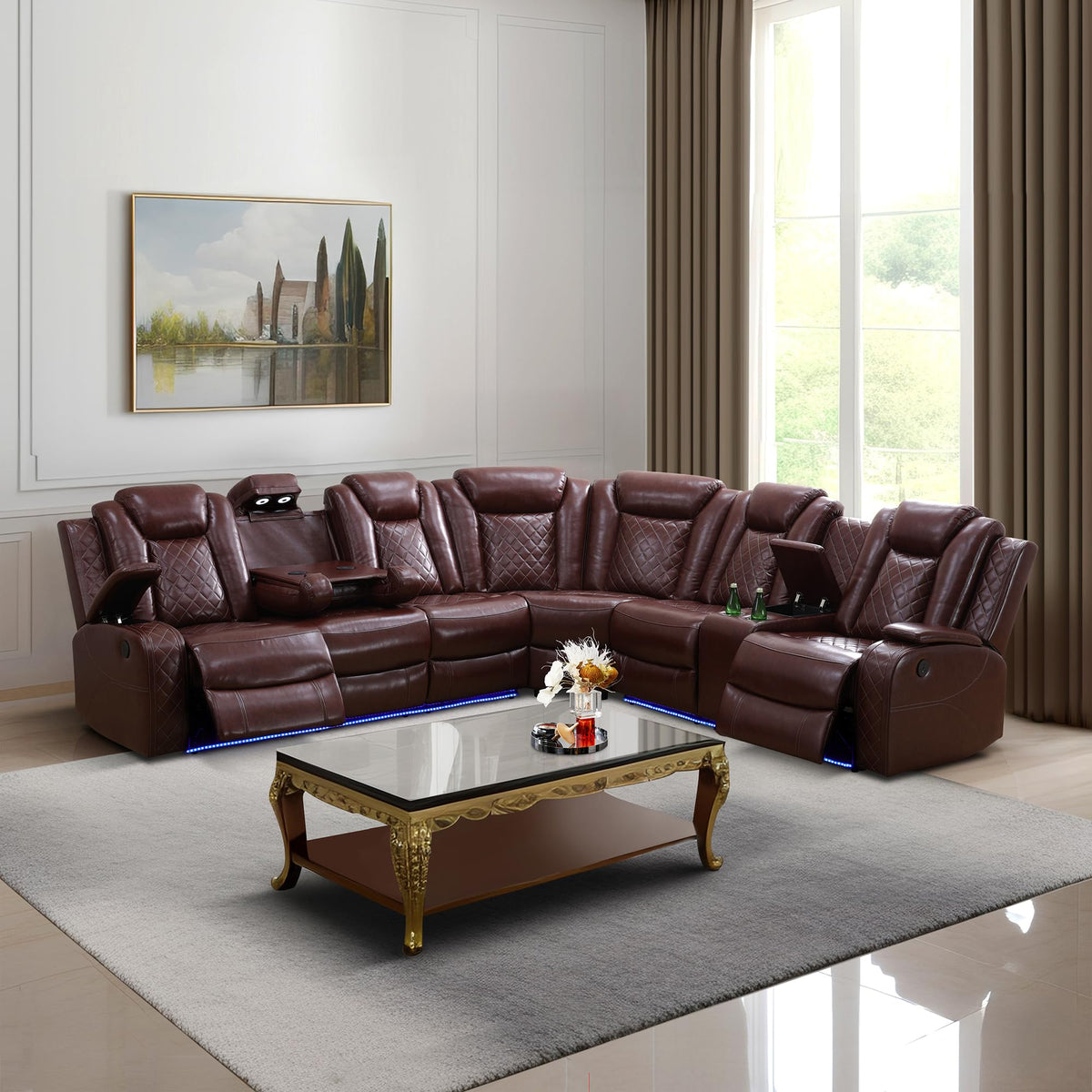 Leather Sectional 3-Piece Living Room Furniture Sets with LED Light