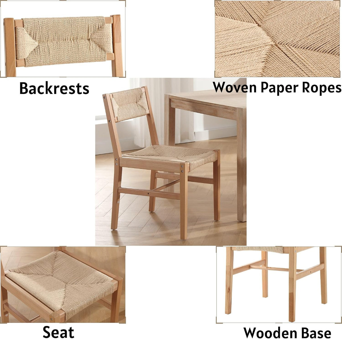 Woven Rattan Dining Chairs Set of 4, Farmhouse Wicker Boho Dining Chairs, Armless Wooden Cane Kitchen Dining Chair