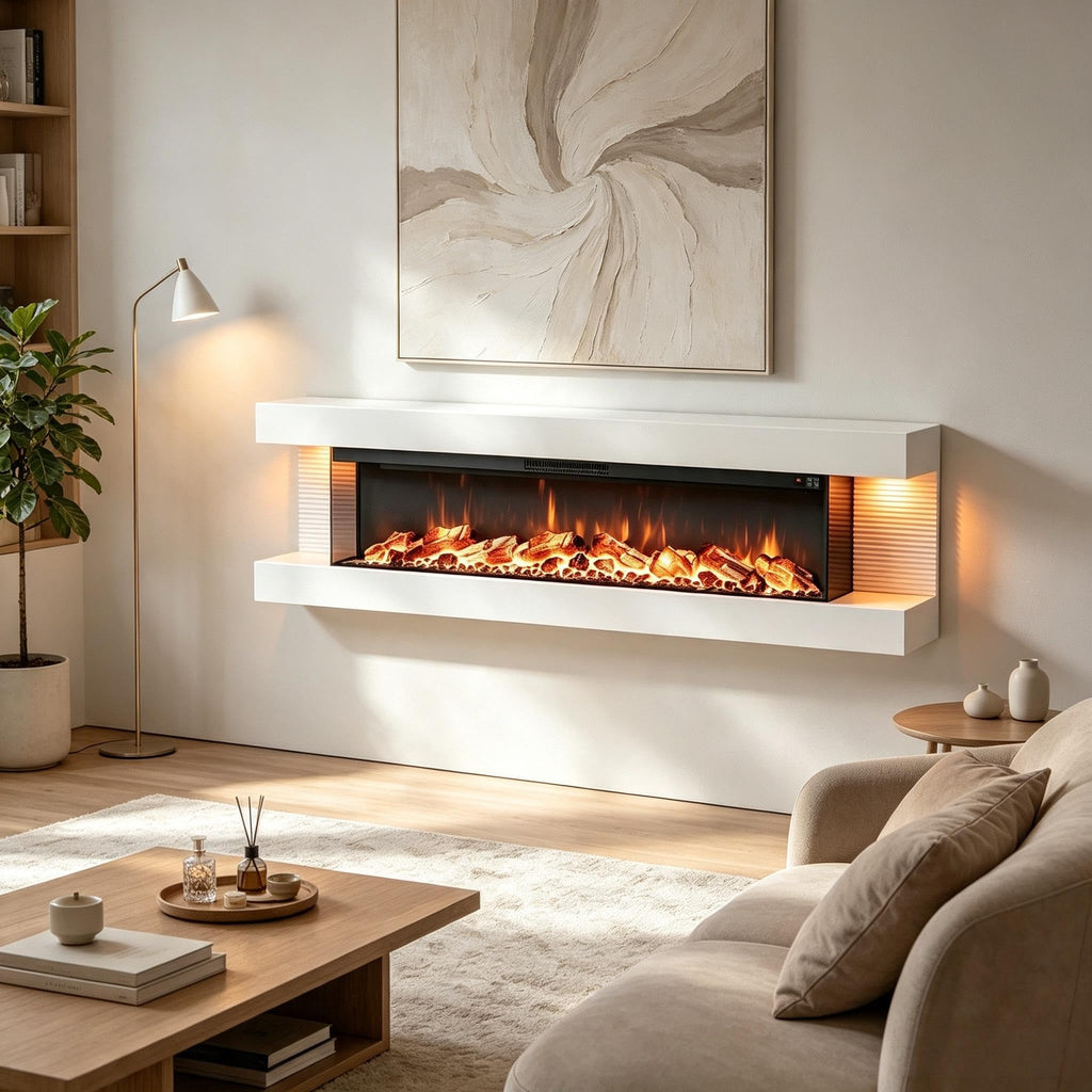 3 Sided Wall Mount Electric Fireplace w/ 60" Floating Mantel, White