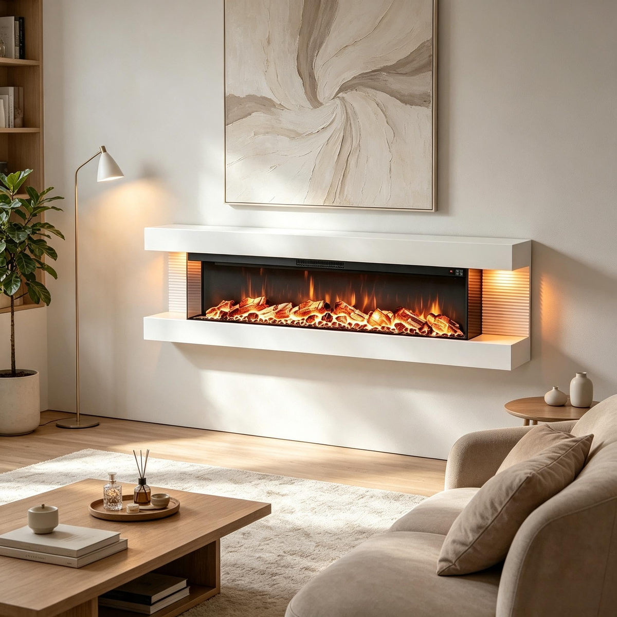 3 Sided Wall Mount Electric Fireplace w/ 60" Floating Mantel, White