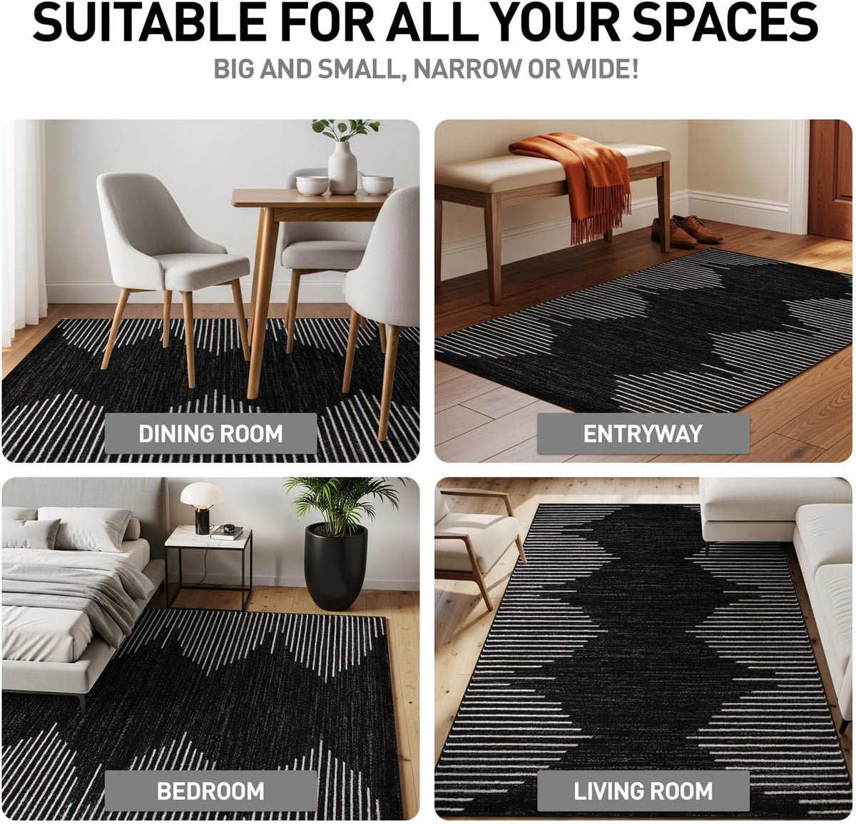 Bohemian Stripe Stain Resistant Area Rug Black