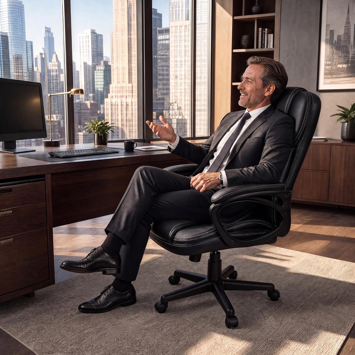 Office Executive Chair High Back Adjustable Managerial Home Desk Chair, Swivel Computer PU Leather Chair with Lumbar