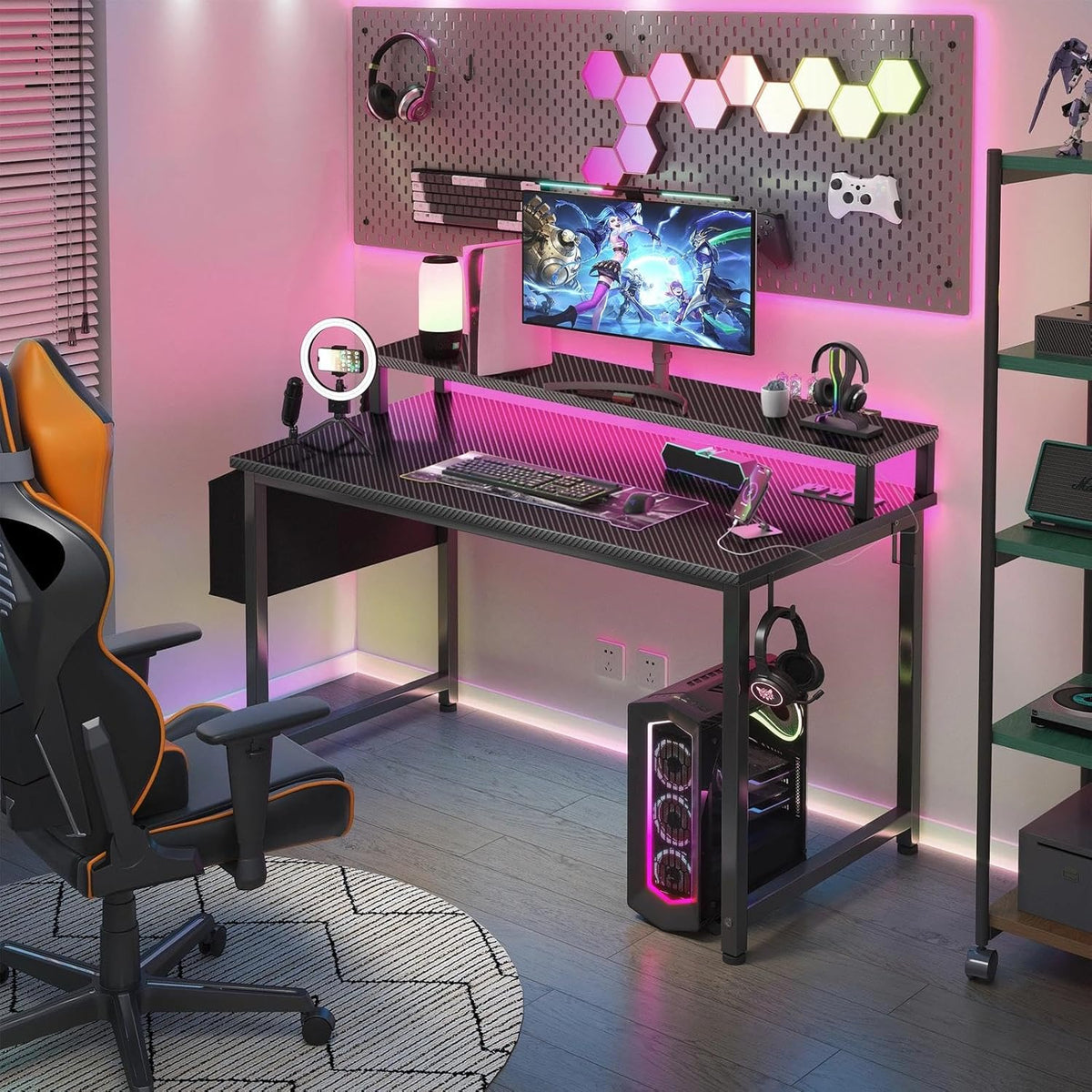Gaming Desk with Power Outlets and LED Lights, 40 Inch Gamer Desk Table with Charging Station, Home Office Computer