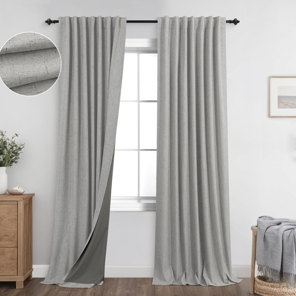 92 Inch Linen Blackout Curtains, Thermal Insulated Room Darkening Drapes Bedroom Large Window Floor Length 2 Panel