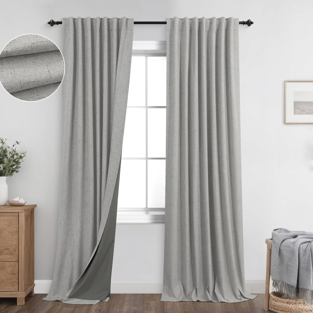 92 Inch Linen Blackout Curtains, Thermal Insulated Room Darkening Drapes Bedroom Large Window Floor Length 2 Panel