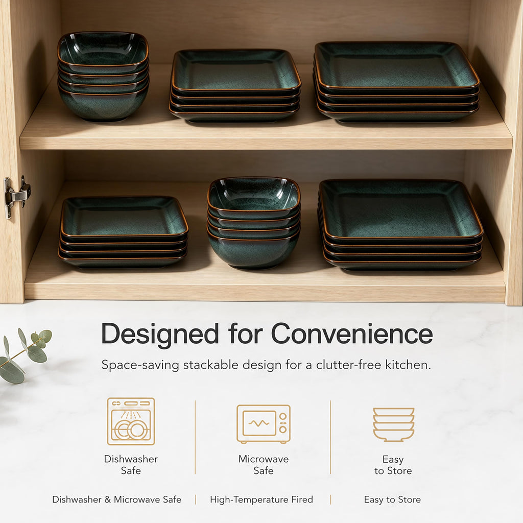 18-Piece Square Stoneware Dinnerware Sets for 6, Reactive Green Glaze