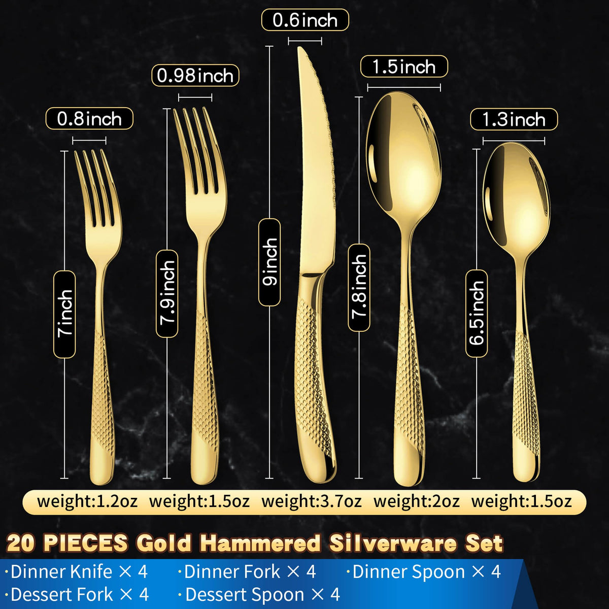20-Piece Hammered Gold Silverware Set for 4,18/10 Stainless Steel Flatware Set with Serrated Forged Knives,Heavy Duty