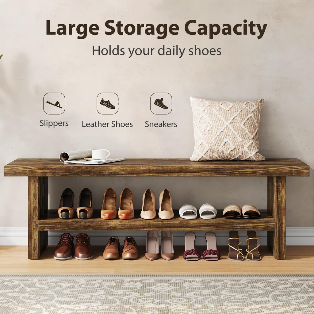 47" 2-Tier Wooden Entryway Bench with Shoe Storage, Rustic Brown