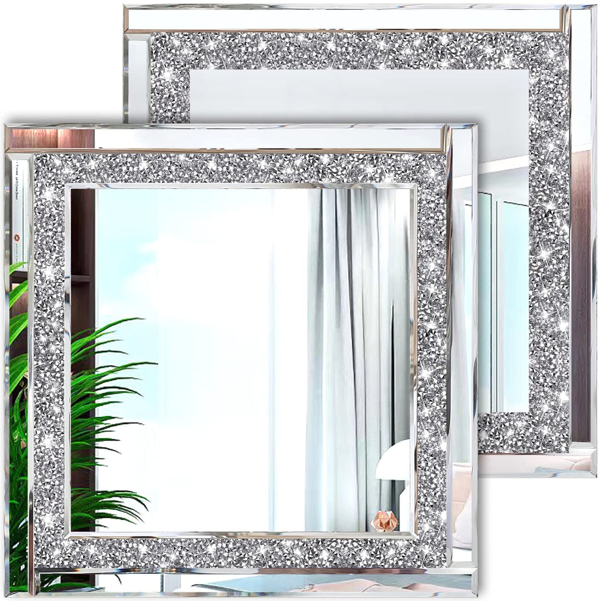 Crystal Crush Diamond Silver Mirror 12'' x 12'' 2PCS,Frameless Stylish Gorgeous Diamond Decor Glam Glass Mirror.