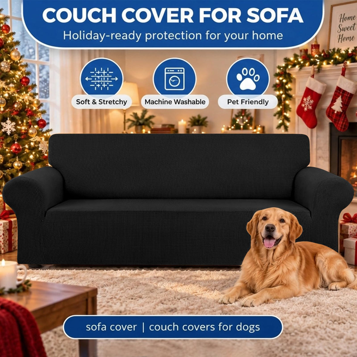Stretch Couch Covers for Sofa, 3 Cushion Couch Slipcover, Black
