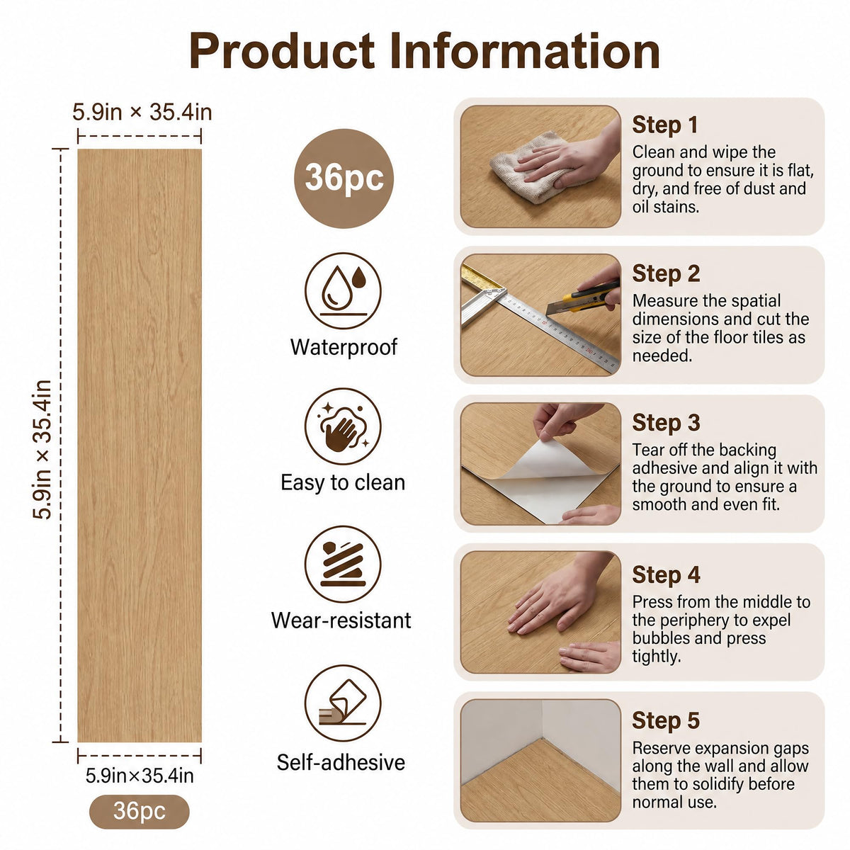 Peel and Stick Floor Tiles, 35in×5.9in 36-Pack Wood Grain Vinyl Flooring, 52 Square Feet, Easy DIY Self-Adhesive