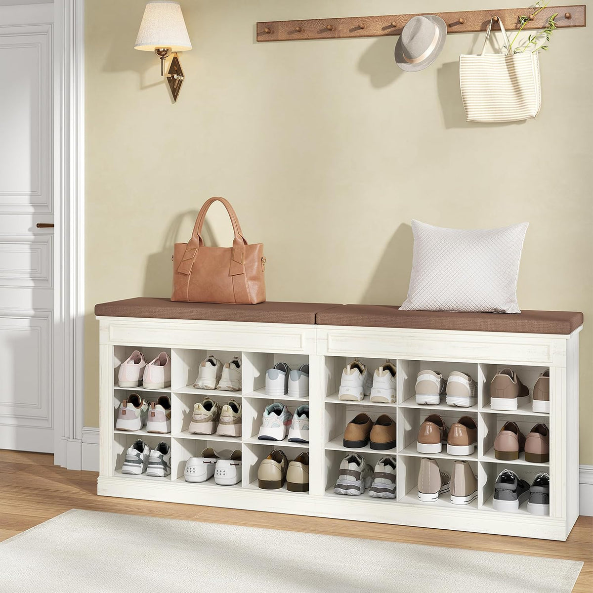 Shoe Bench with Cushion, Farmhouse Storage Bench with 18 Cubbies & Hidden Storage Space, Large Capacity Organizer
