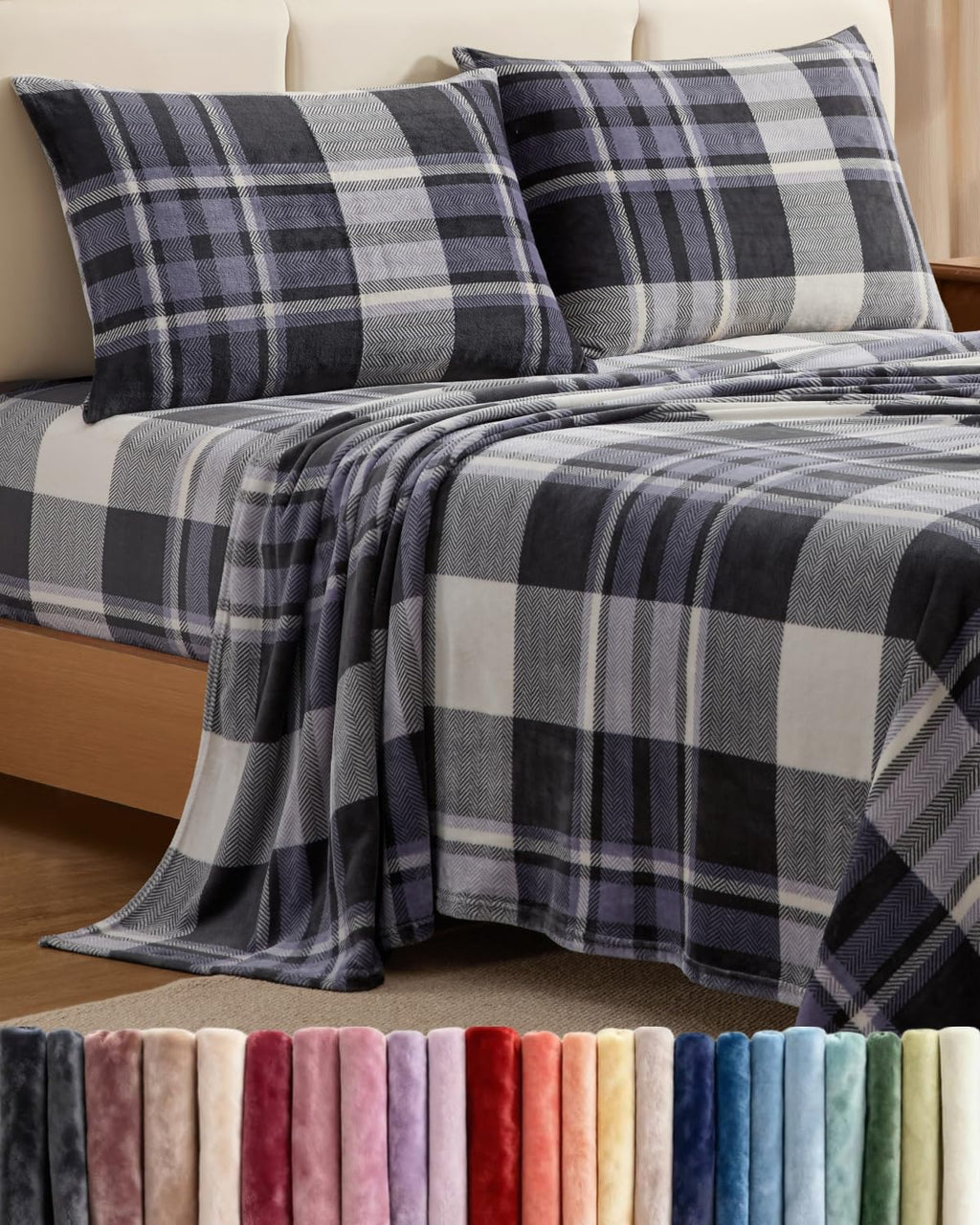 Fleece Sheets Set - 4-Piece Flannel Sheet Set - Grey Tartan