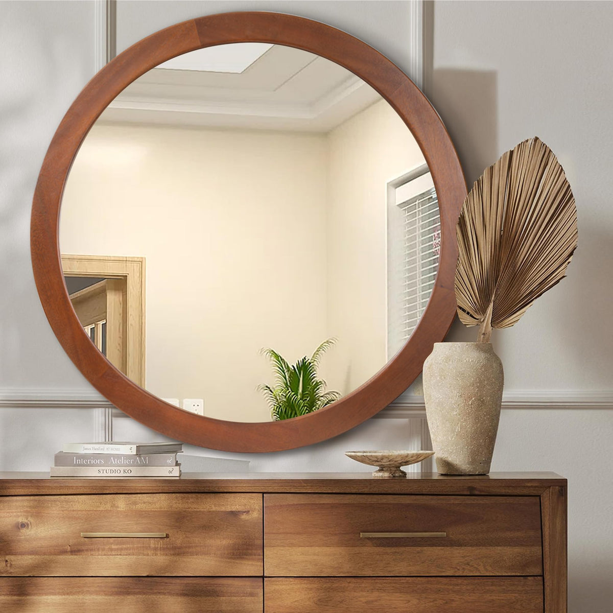 Round Mirror 36 Inch,Wood Rustic Bathroom Wall Mirror with Walnut Frame