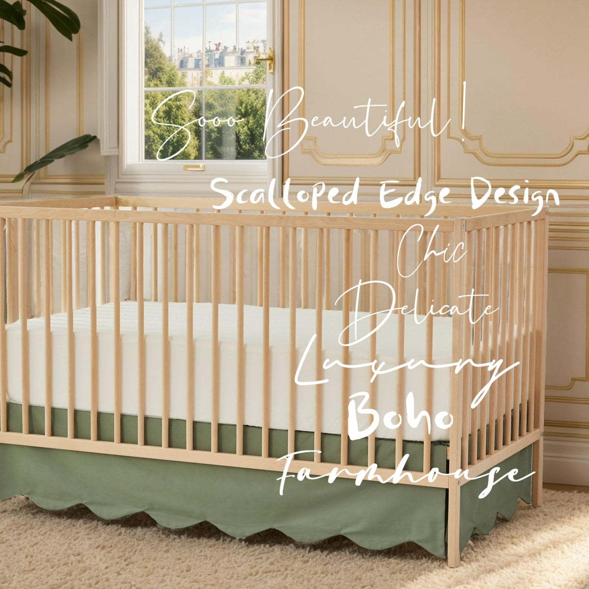 Scallop Edge Cotton Crib Skirt Toddler Bedskirt Baby Nursery Crib Bed Skirt Boho Bohemian Neutral Solid Color Vintage