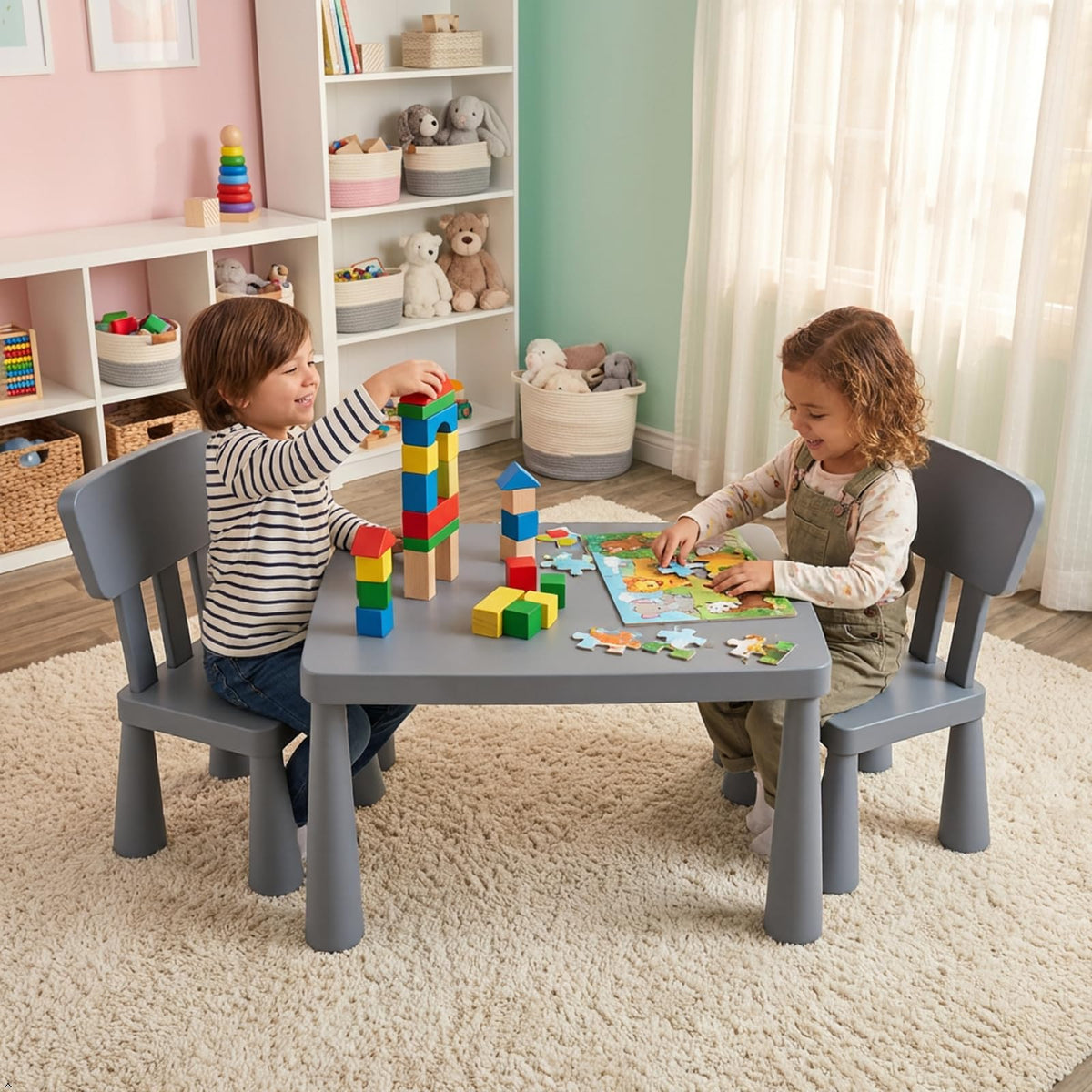 Kids Table and Chairs, 3 PCS Plastic Toddler Table Set (Gray)
