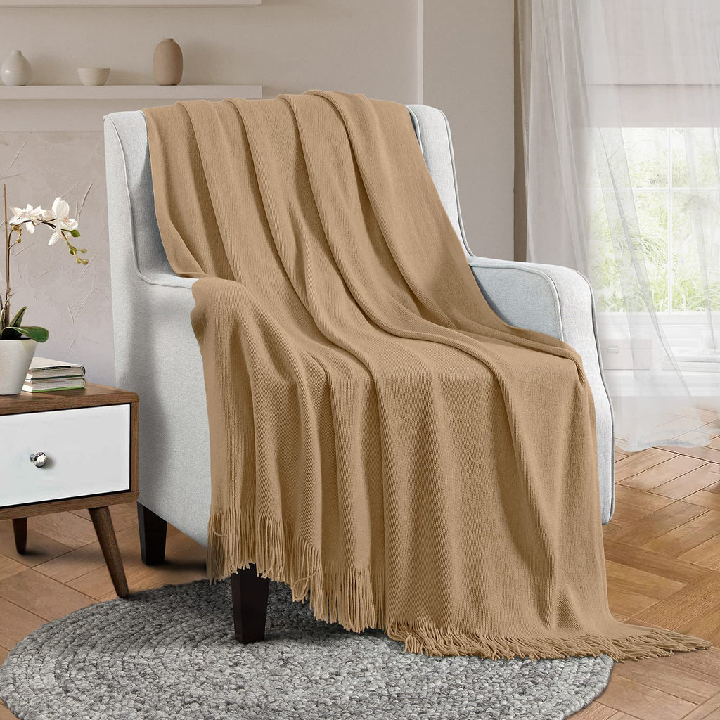 Light Brown Knitted Blanket with Tassels Fringe 50" x 60"