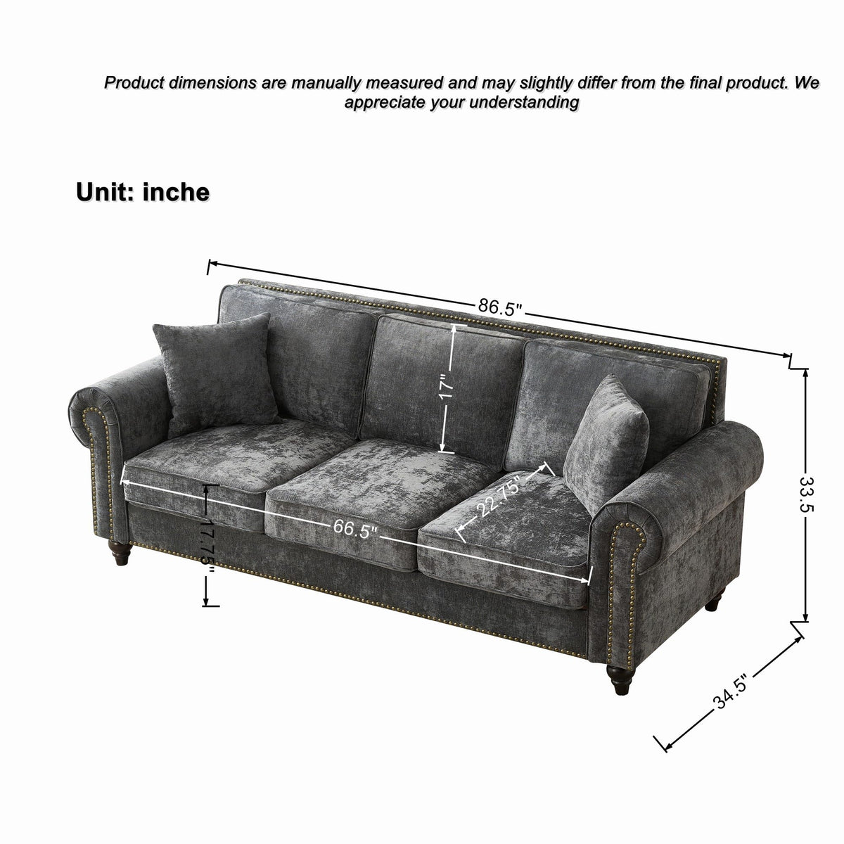 Chesterfield Sofa Set with Rolled Arms, Chenille Fabric 3-Seater and Loveseat Sofa Set with Wood Legs & Nailhead